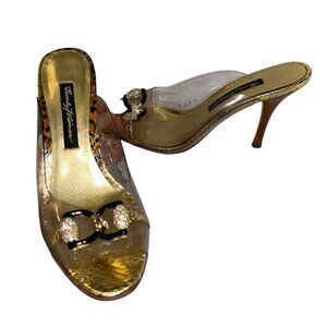 Beverly Feldman Vintage clear plastic "glass" slipper heels rhinestone shoes 7.5